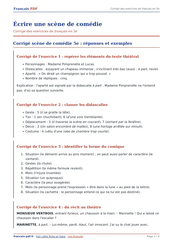 Corrigé « Écrire une scène de comédie » en PDF