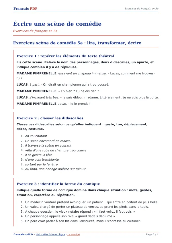 Exercices « Écrire une scène de comédie » en PDF