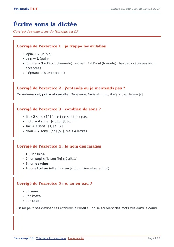 Corrigé « Écrire sous la dictée » en PDF