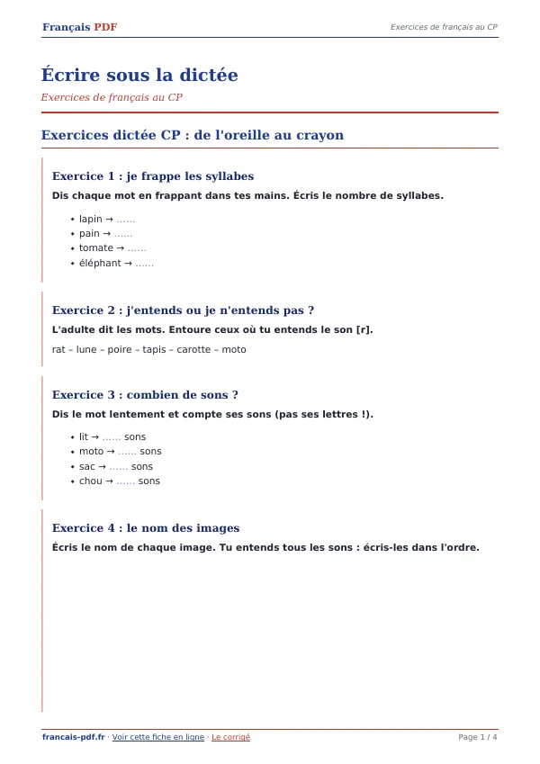 Exercices « Écrire sous la dictée » en PDF