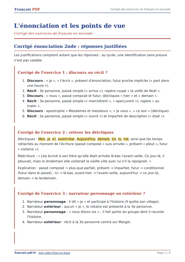 Corrigé « L’énonciation et les points de vue » en PDF