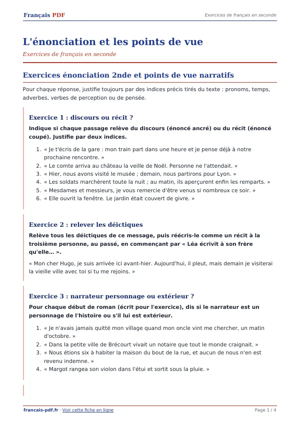 Exercices « L’énonciation et les points de vue » en PDF