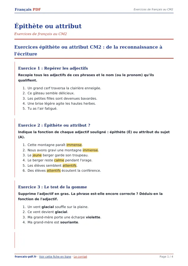 Exercices « Épithète ou attribut » en PDF