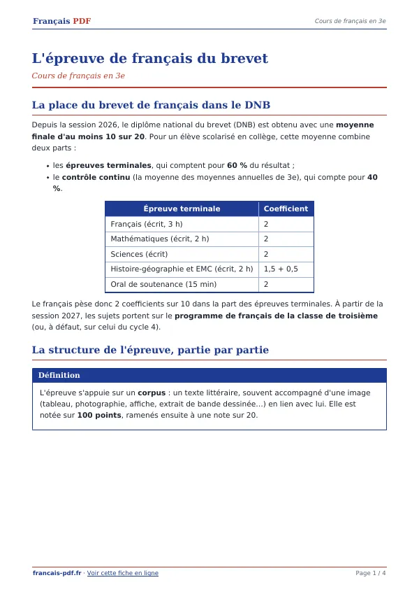 Cours « L’épreuve de français du brevet » en PDF