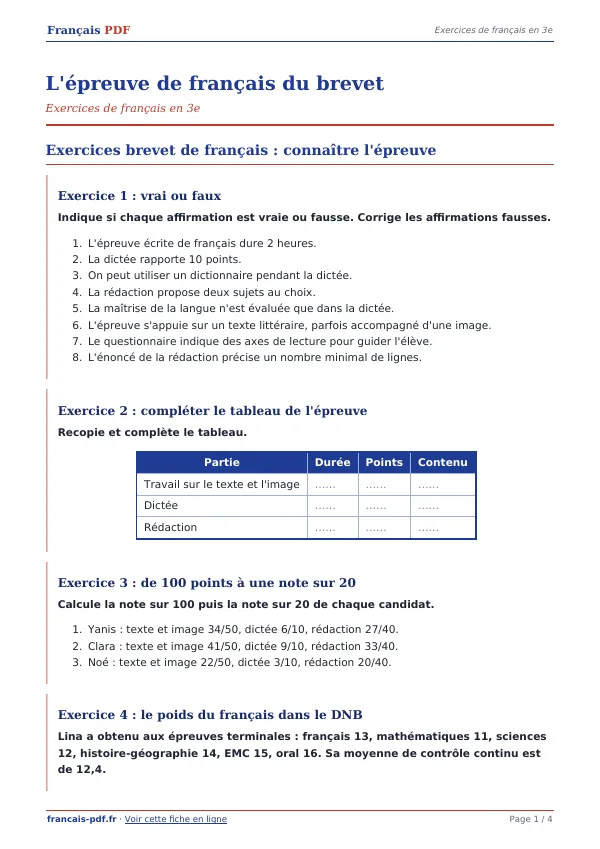 Exercices « L’épreuve de français du brevet » en PDF