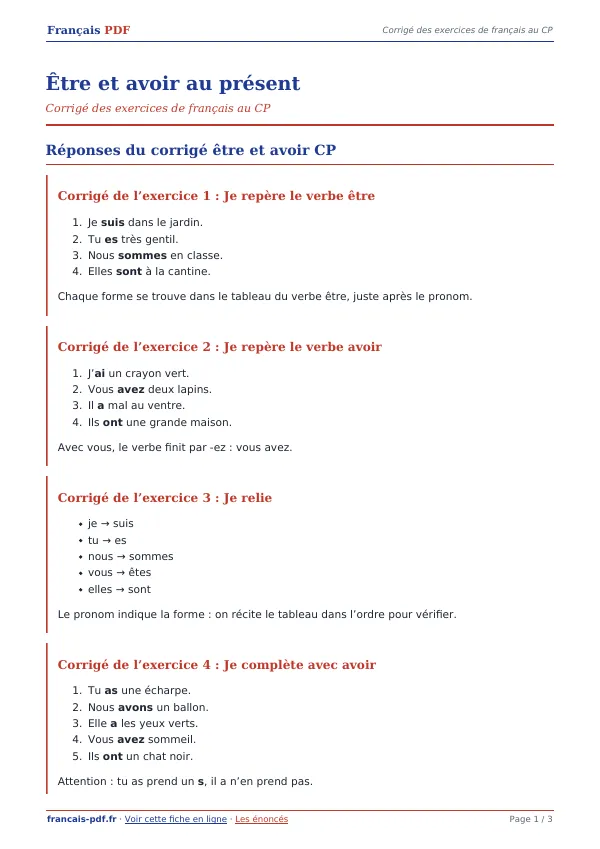 Corrigé « Être et avoir au présent » en PDF