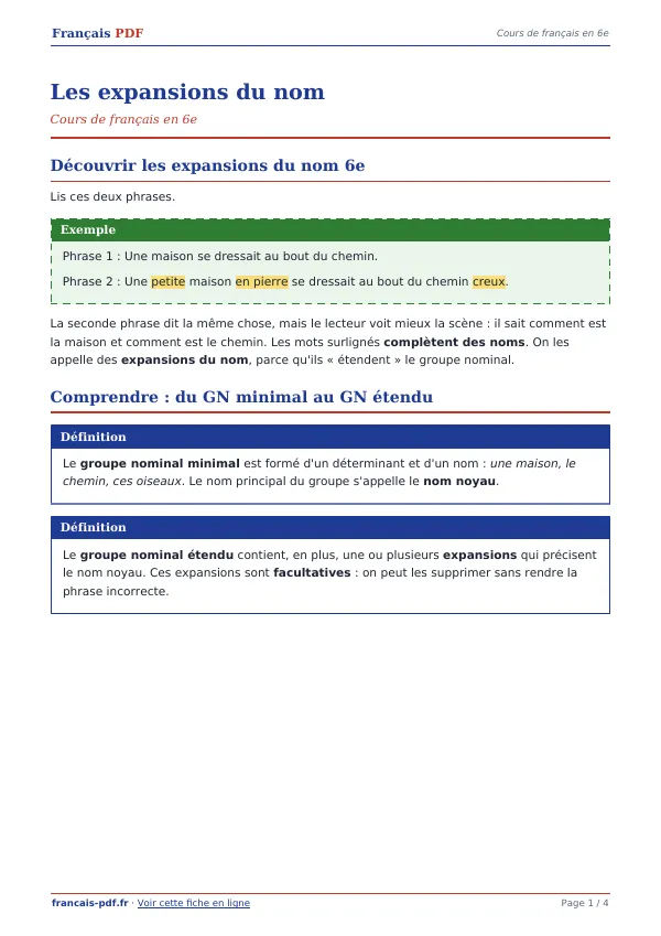 Cours « Les expansions du nom » en PDF