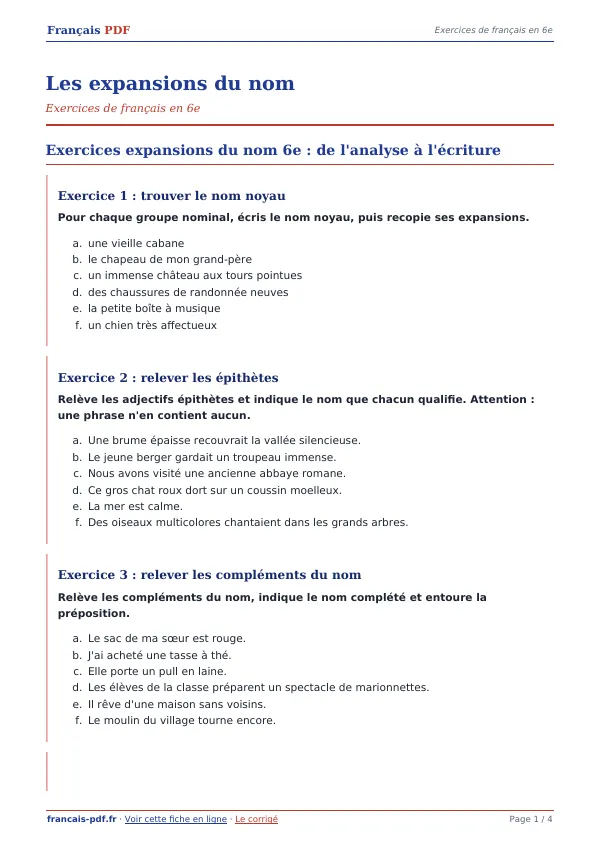 Exercices « Les expansions du nom » en PDF