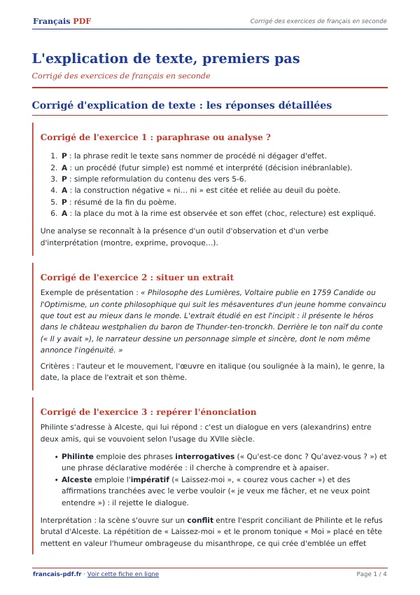 Corrigé « L’explication de texte, premiers pas » en PDF
