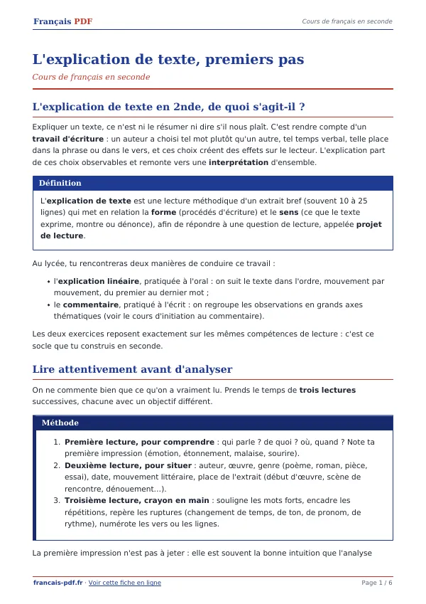 Cours « L’explication de texte, premiers pas » en PDF
