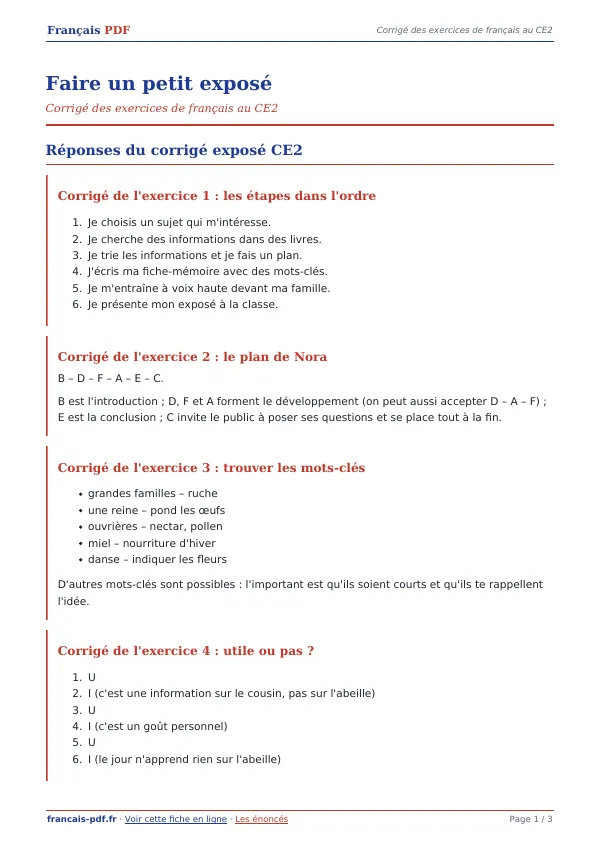 Corrigé « Faire un petit exposé » en PDF