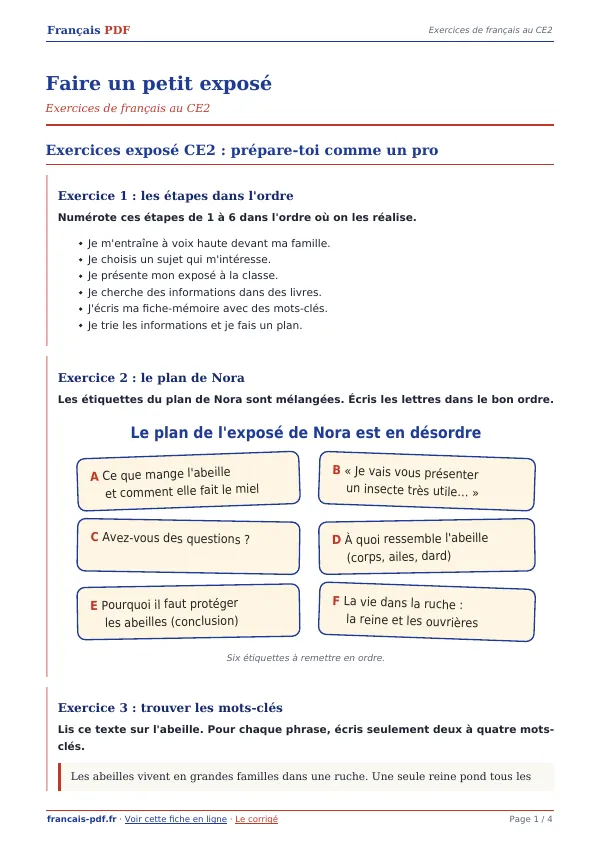 Exercices « Faire un petit exposé » en PDF