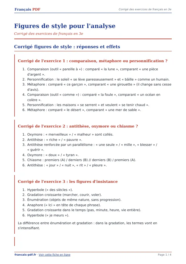 Corrigé « Figures de style pour l’analyse » en PDF