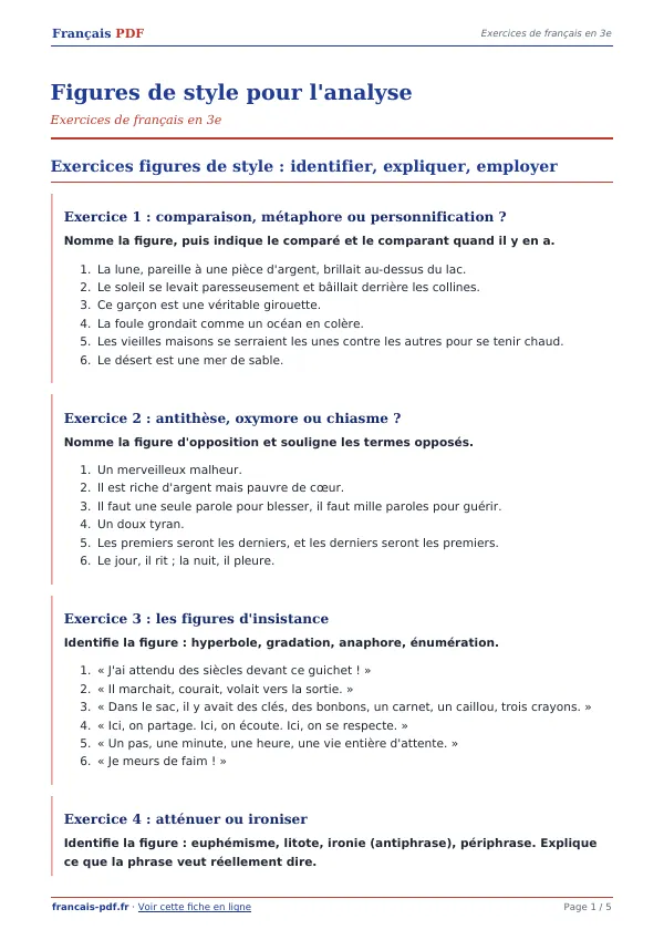 Exercices « Figures de style pour l’analyse » en PDF