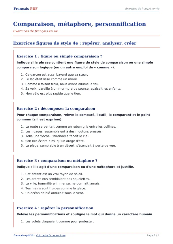 Exercices « Comparaison, métaphore, personnification » en PDF