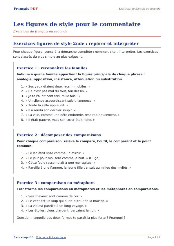 Exercices « Les figures de style pour le commentaire » en PDF