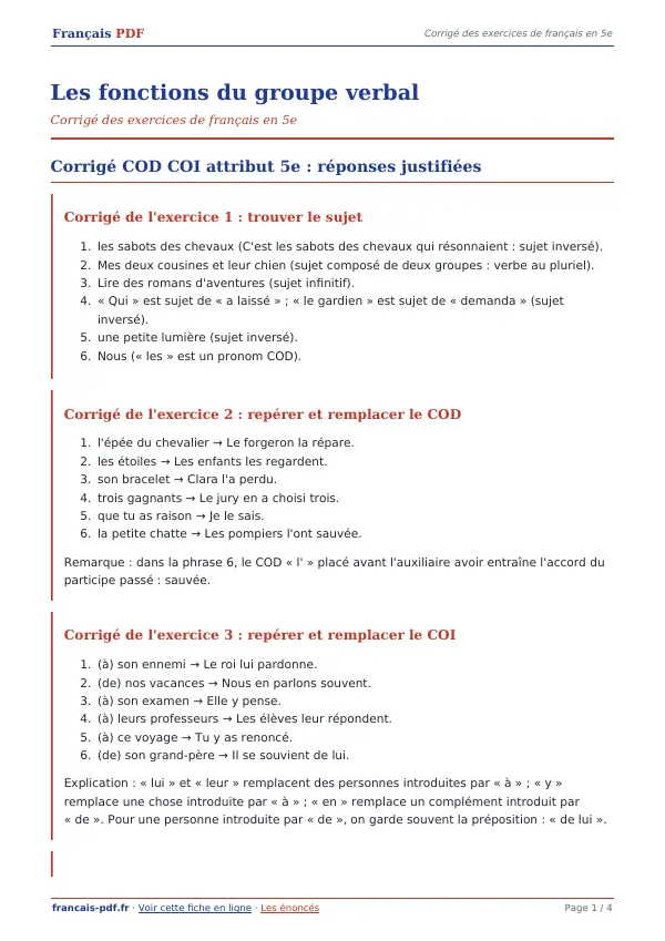 Corrigé « Les fonctions du groupe verbal » en PDF