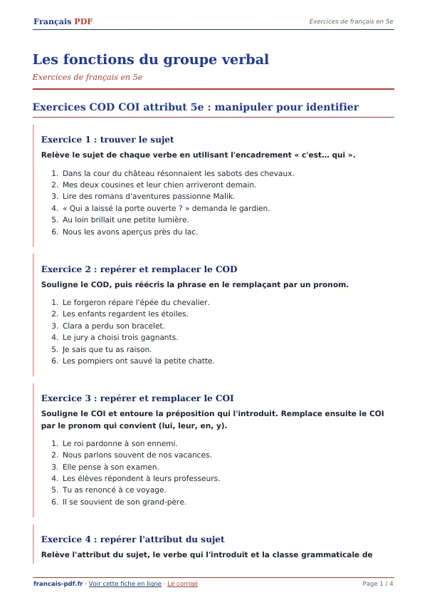 Exercices « Les fonctions du groupe verbal » en PDF