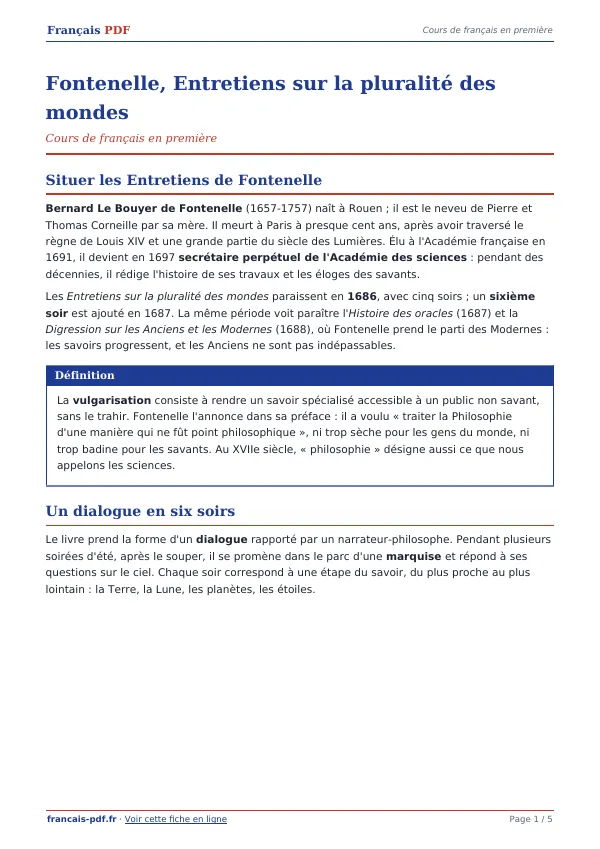 Cours « Fontenelle, Entretiens sur la pluralité des mondes » en PDF
