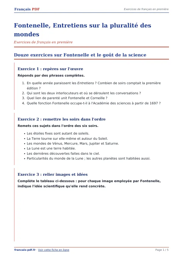 Exercices « Fontenelle, Entretiens sur la pluralité des mondes » en PDF
