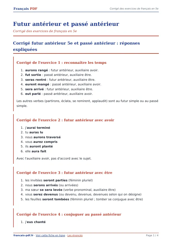Corrigé « Futur antérieur et passé antérieur » en PDF
