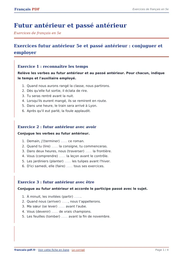 Exercices « Futur antérieur et passé antérieur » en PDF