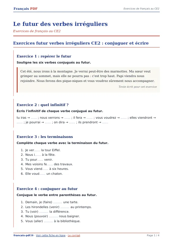 Exercices « Le futur des verbes irréguliers » en PDF