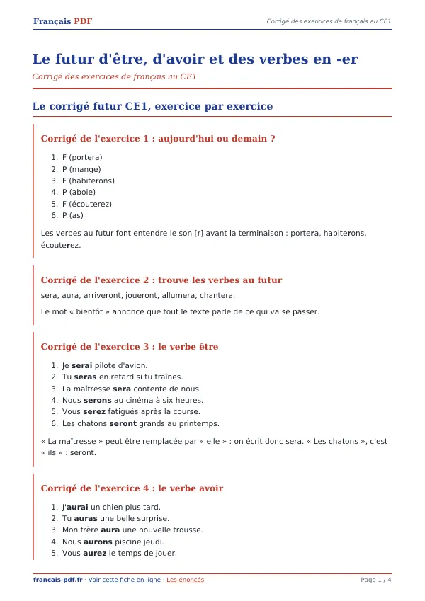 Corrigé « Le futur d’être, d’avoir et des verbes en -er » en PDF