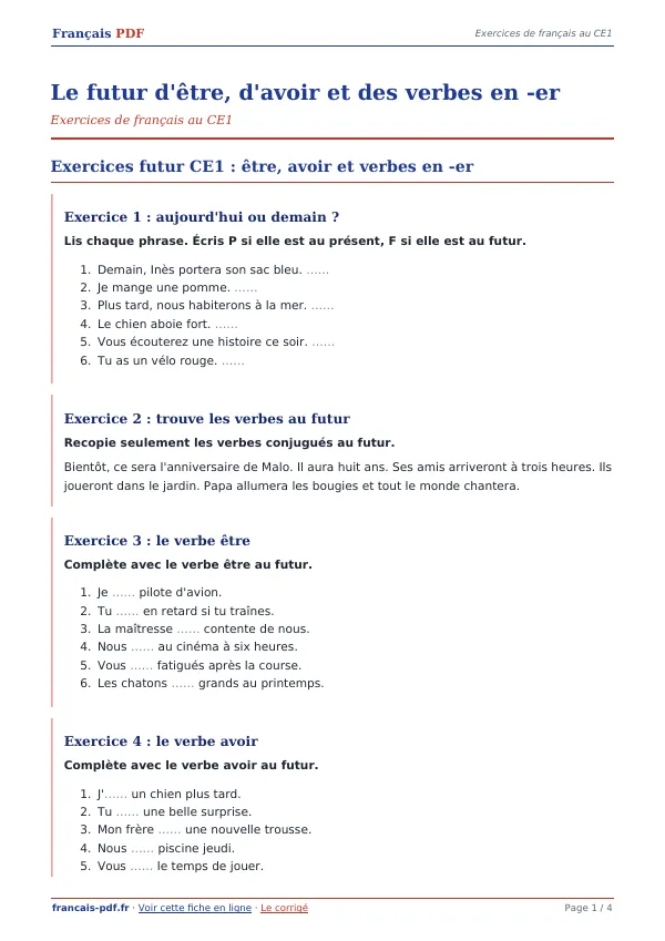 Exercices « Le futur d’être, d’avoir et des verbes en -er » en PDF