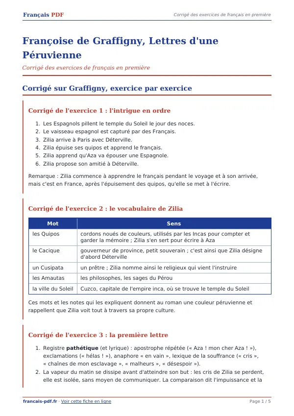 Corrigé « Françoise de Graffigny, Lettres d’une Péruvienne » en PDF