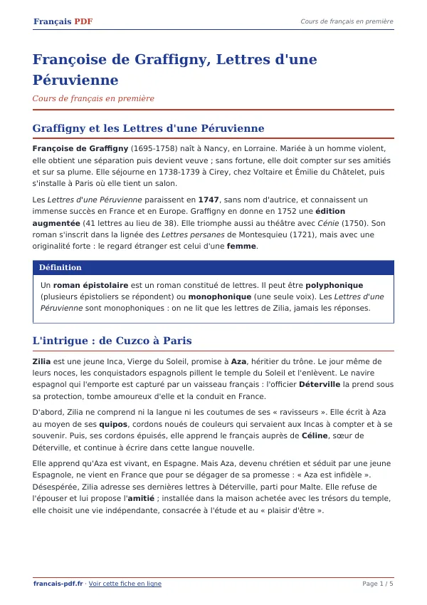 Cours « Françoise de Graffigny, Lettres d’une Péruvienne » en PDF