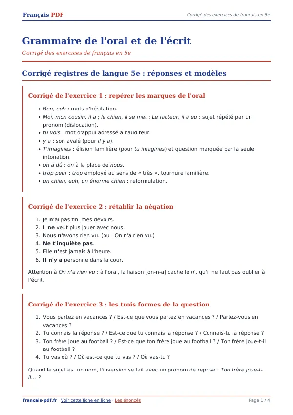 Corrigé « Grammaire de l’oral et de l’écrit » en PDF
