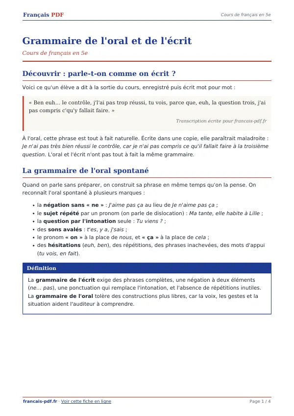 Cours « Grammaire de l’oral et de l’écrit » en PDF