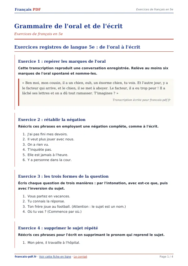 Exercices « Grammaire de l’oral et de l’écrit » en PDF