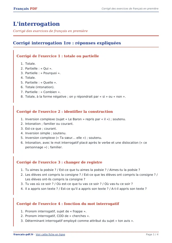 Corrigé « L’interrogation » en PDF