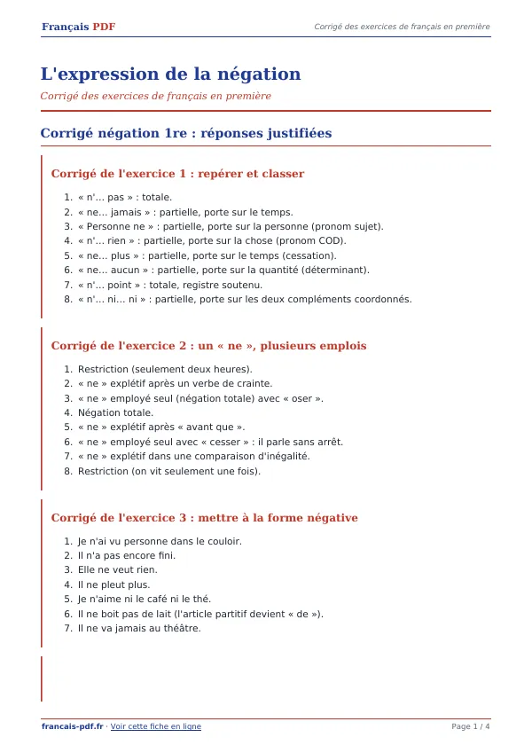 Corrigé « L’expression de la négation » en PDF