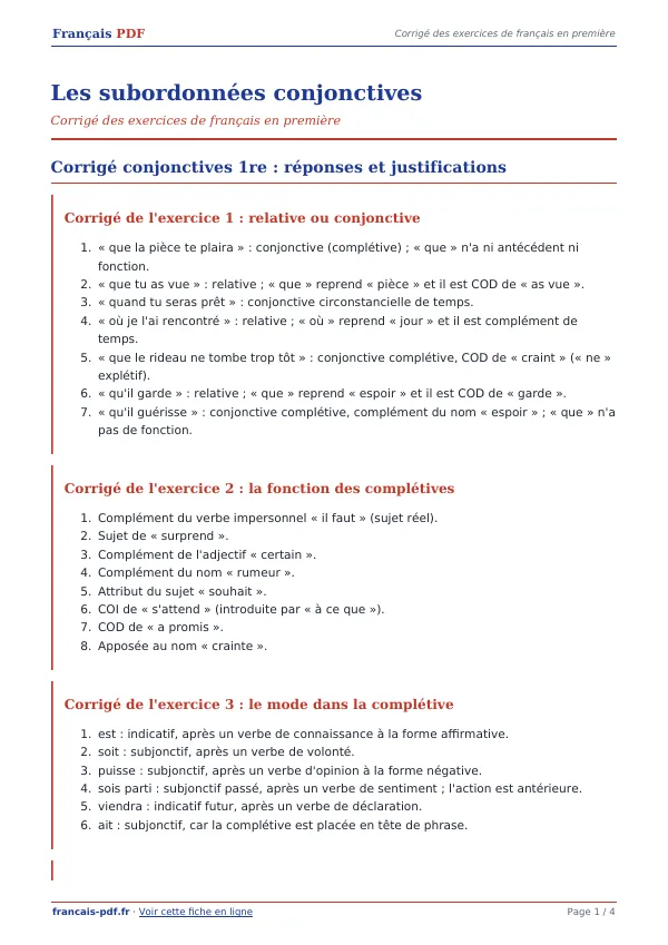 Corrigé « Les subordonnées conjonctives » en PDF