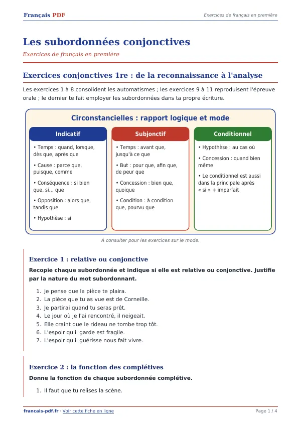 Exercices « Les subordonnées conjonctives » en PDF