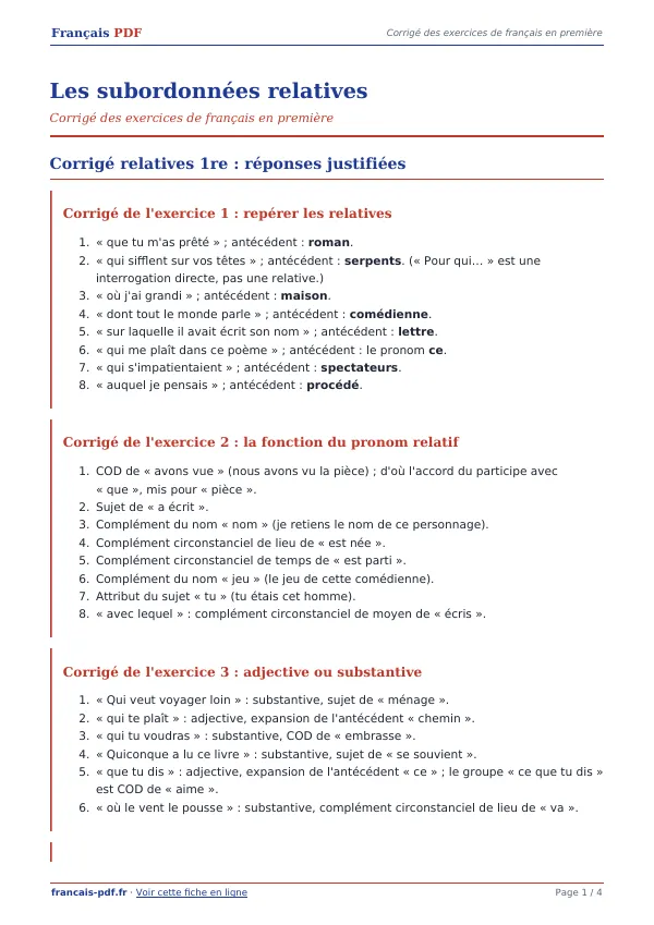 Corrigé « Les subordonnées relatives » en PDF