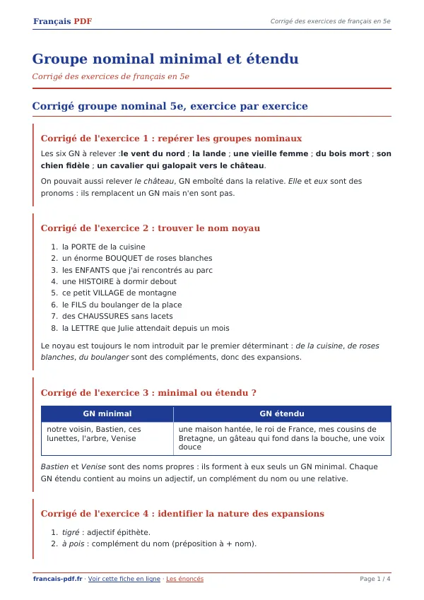 Corrigé « Groupe nominal minimal et étendu » en PDF