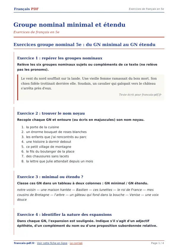 Exercices « Groupe nominal minimal et étendu » en PDF