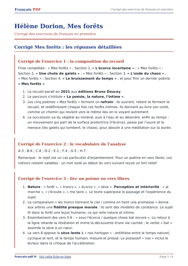 Corrigé « Hélène Dorion, Mes forêts » en PDF