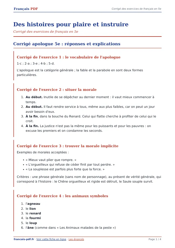 Corrigé « Des histoires pour plaire et instruire » en PDF