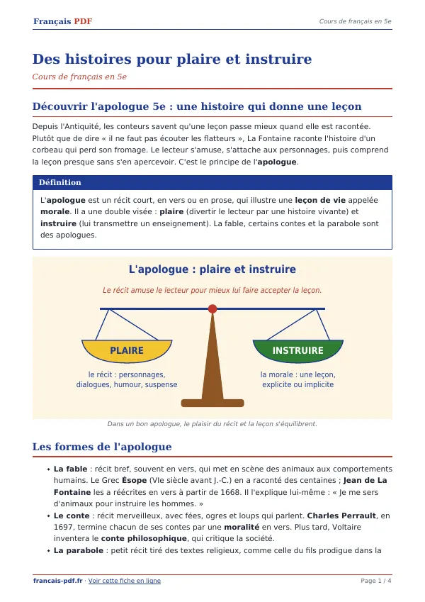 Cours « Des histoires pour plaire et instruire » en PDF