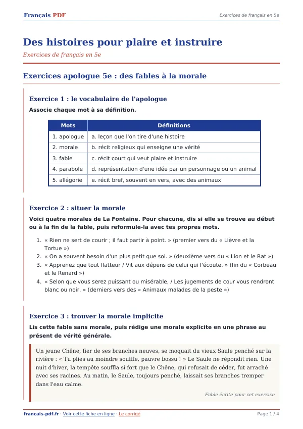 Exercices « Des histoires pour plaire et instruire » en PDF