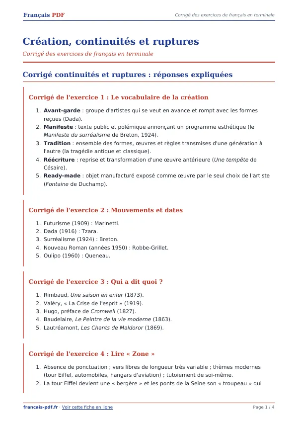 Corrigé « Création, continuités et ruptures » en PDF