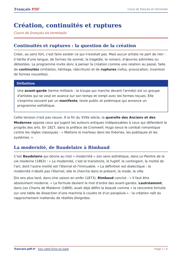 Cours « Création, continuités et ruptures » en PDF