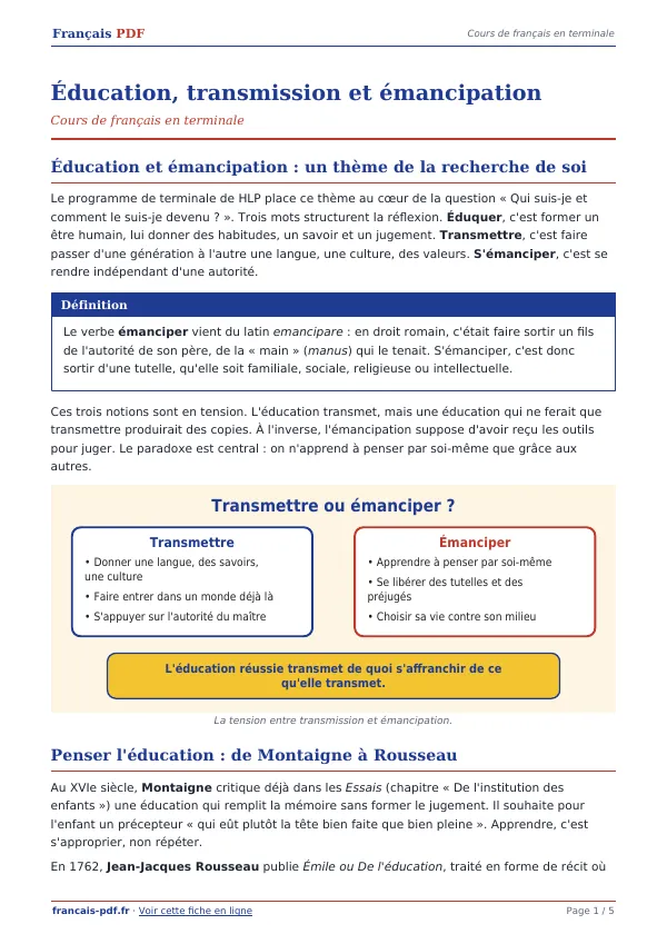 Cours « Éducation, transmission et émancipation » en PDF