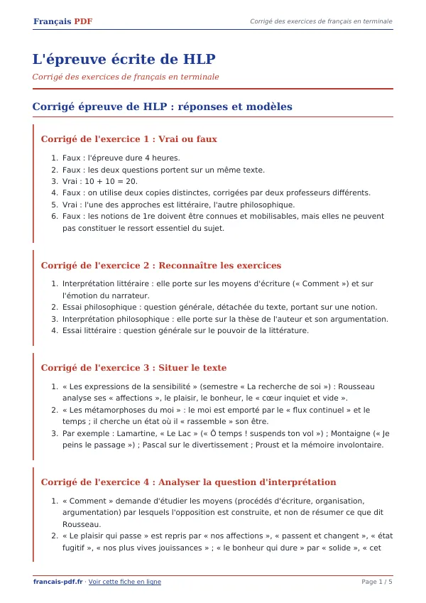Corrigé « L’épreuve écrite de HLP » en PDF