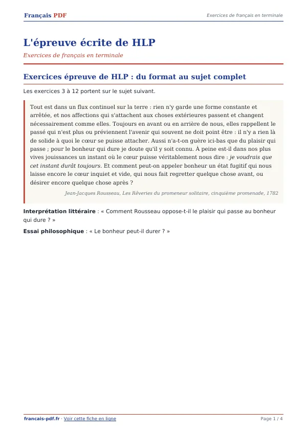 Exercices « L’épreuve écrite de HLP » en PDF